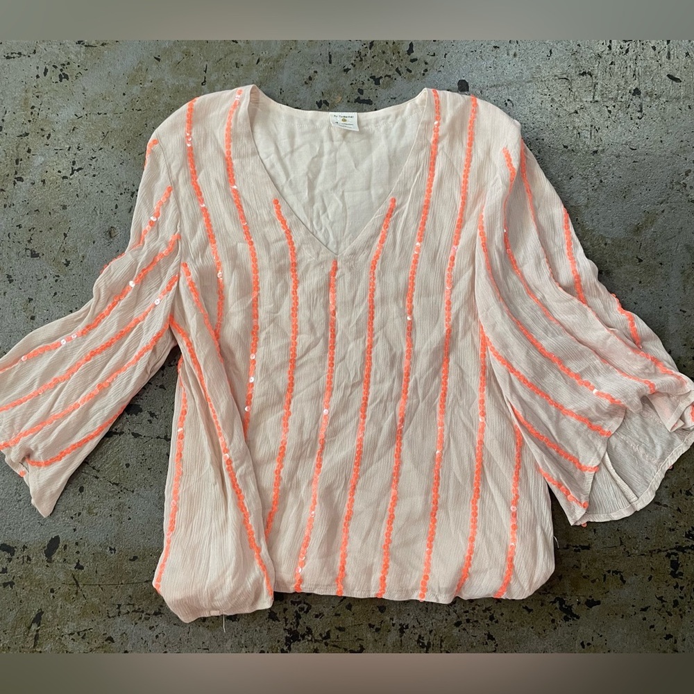 By Together Cream and Orange Sequin Rayon 3/4 Sleeve Bohemian Blouse Size Medium